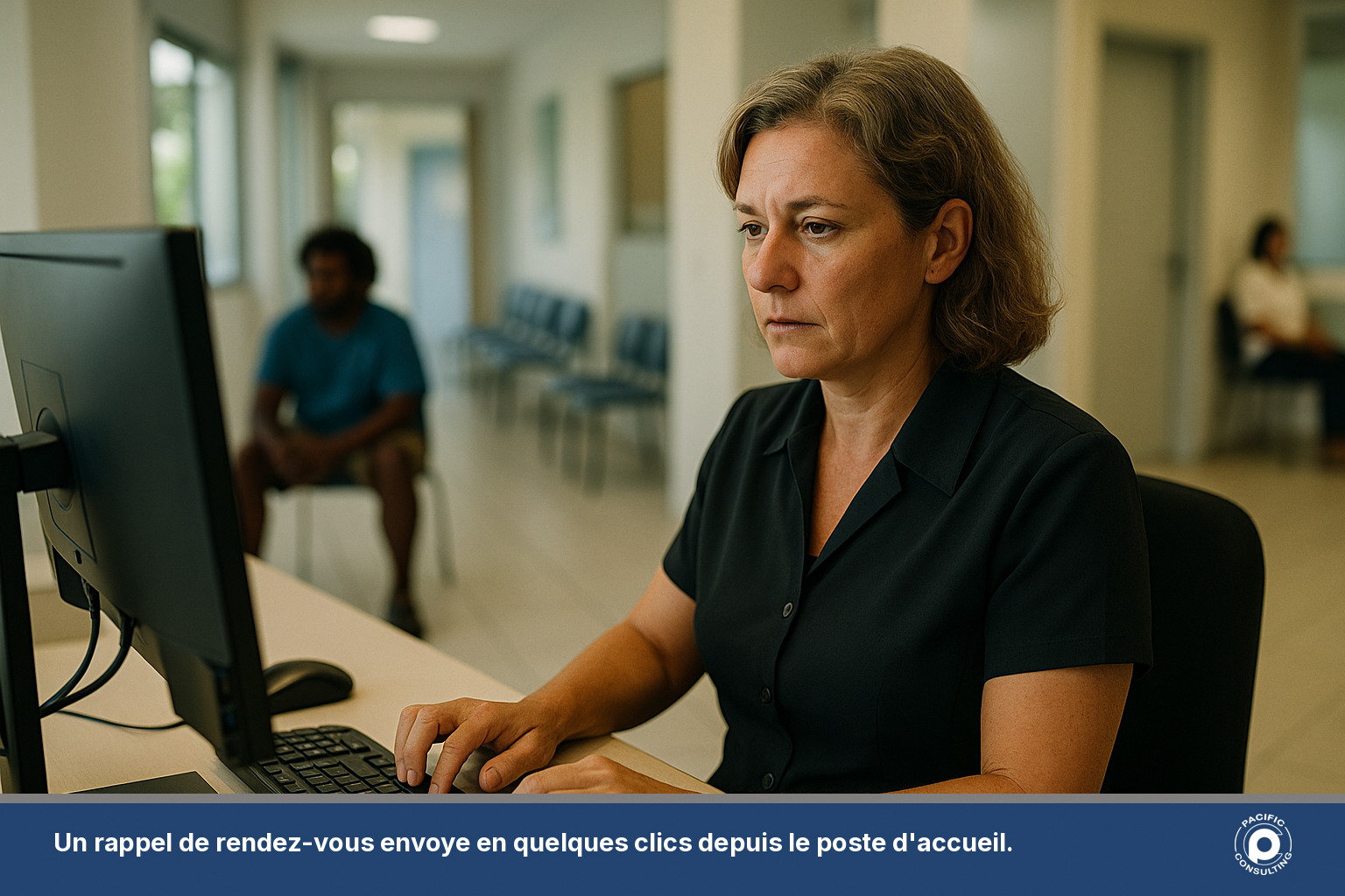 Secretaire de cabinet medical envoyant un rappel de rendez-vous par SMS depuis son ordinateur