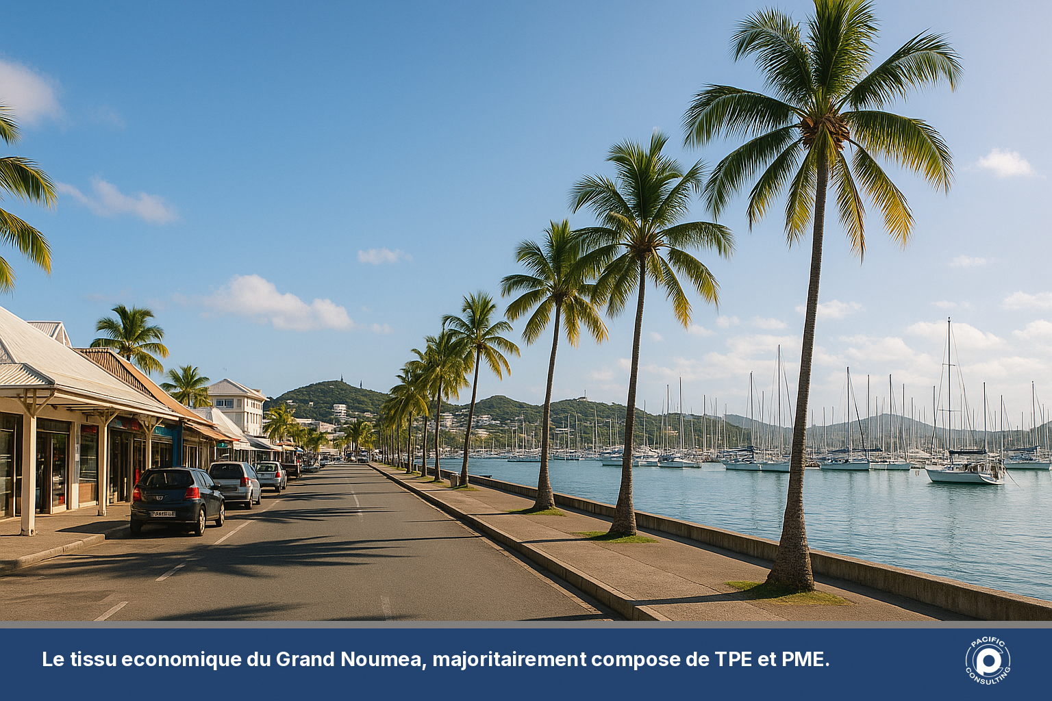 Vue du front de mer de Noumea illustrant le contexte economique local des entreprises caledoniennes