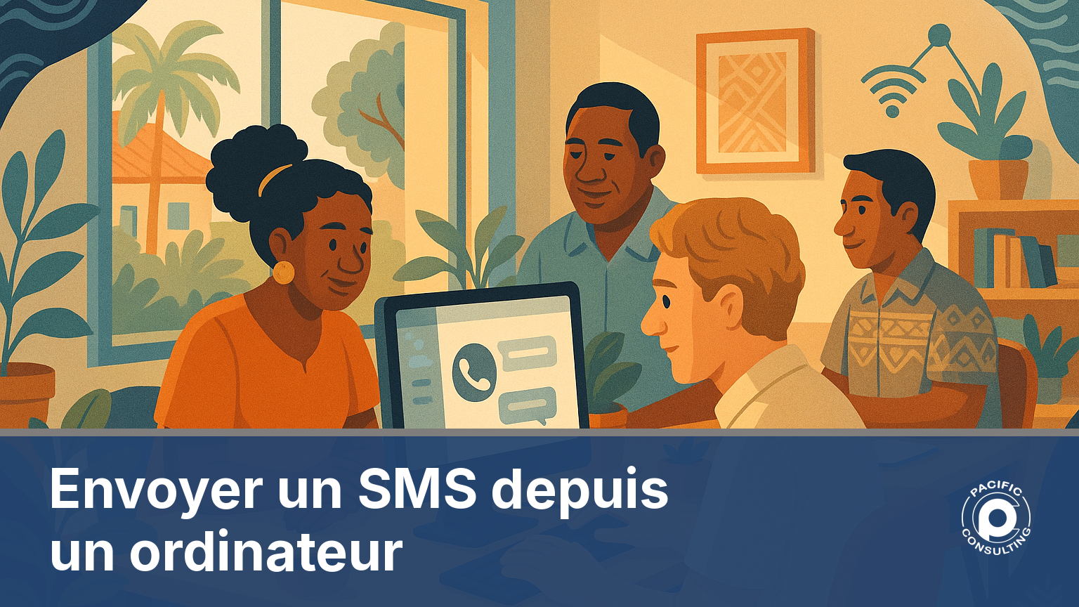 Employe de bureau envoyant un SMS professionnel depuis un ordinateur en Nouvelle-Caledonie