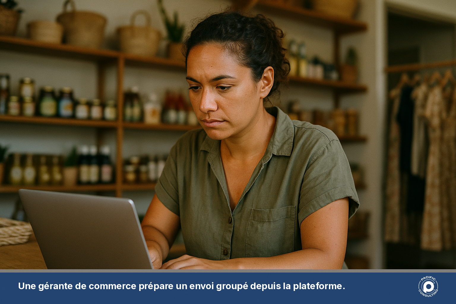 Une gérante de commerce prépare un envoi groupé de SMS sur son écran d'ordinateur