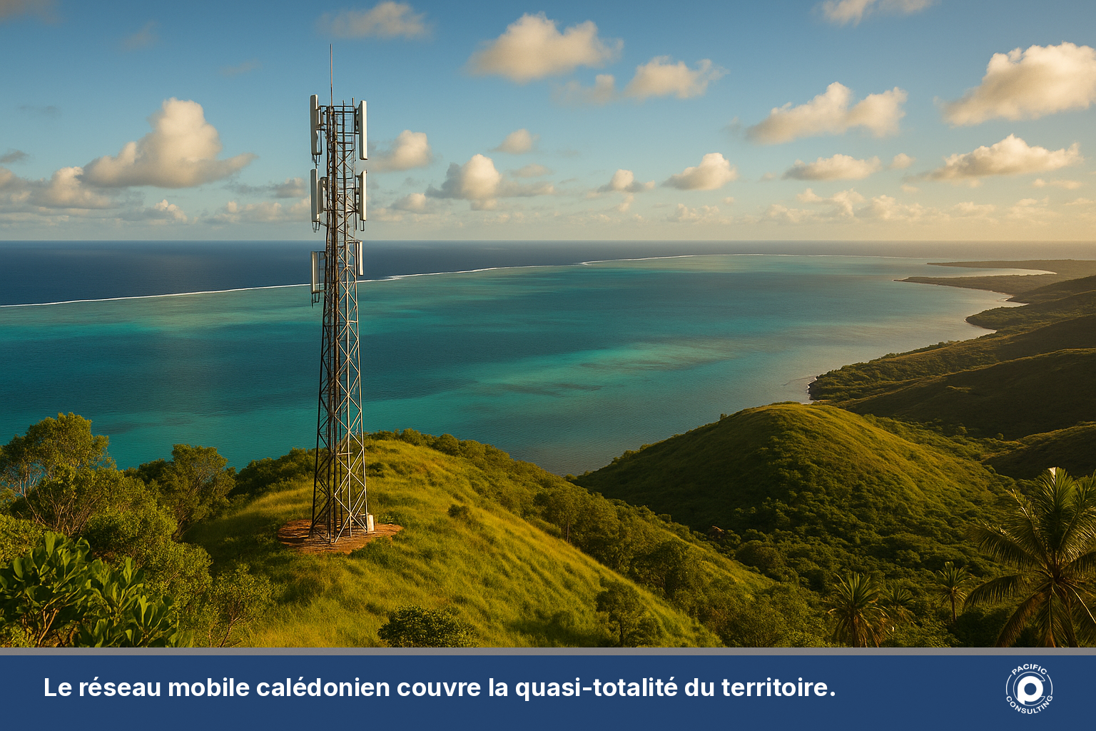Antenne relais mobile sur une colline surplombant le lagon de Nouvelle-Calédonie