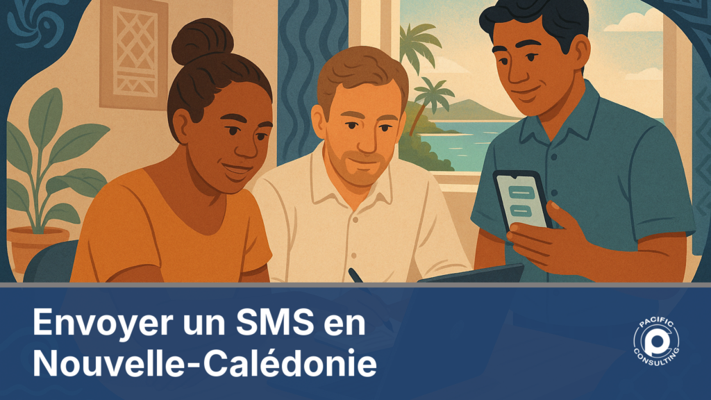 Une équipe d'entreprise calédonienne envoie un SMS depuis un ordinateur en Nouvelle-Calédonie