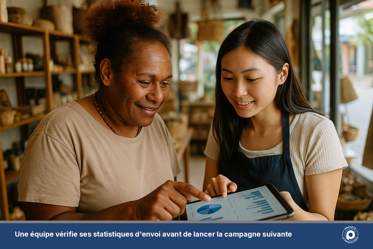 Commercante caledonienne verifiant ses statistiques SMS sur tablette avec son equipe