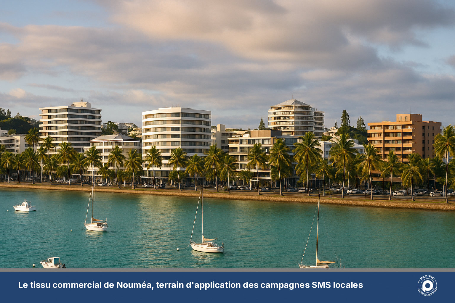Quartier d'affaires et lagon de Noumea illustrant l'activite commerciale locale