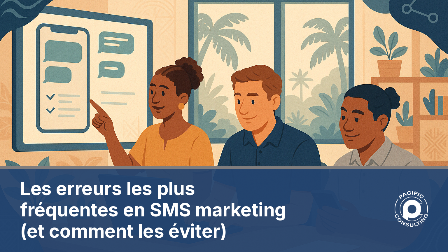 Illustration d'une equipe verifiant une campagne SMS marketing avant envoi en Nouvelle-Caledonie