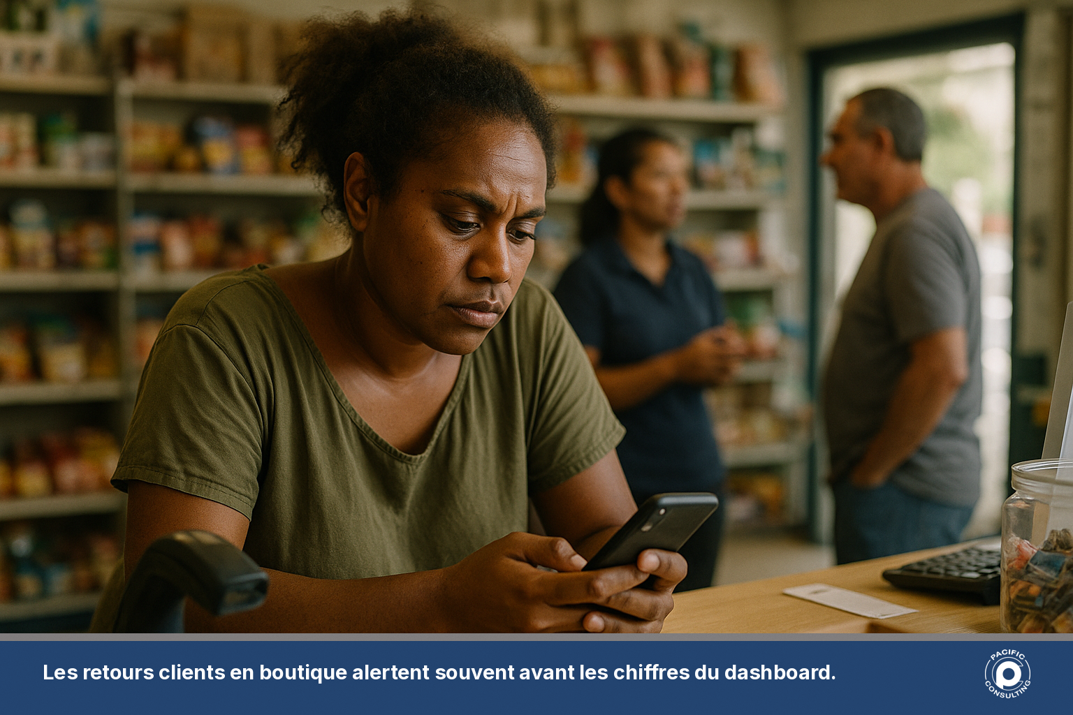 Employée de commerce à Nouméa consultant des retours clients sur son téléphone après une campagne SMS