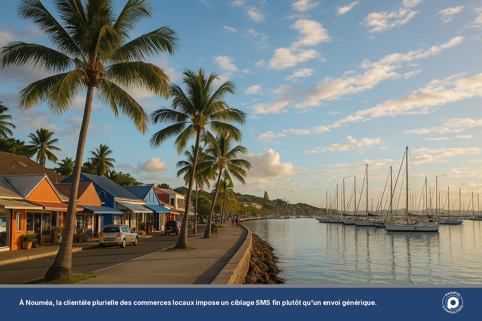 Vue du front de mer de Nouméa illustrant le contexte commercial local de la Nouvelle-Calédonie