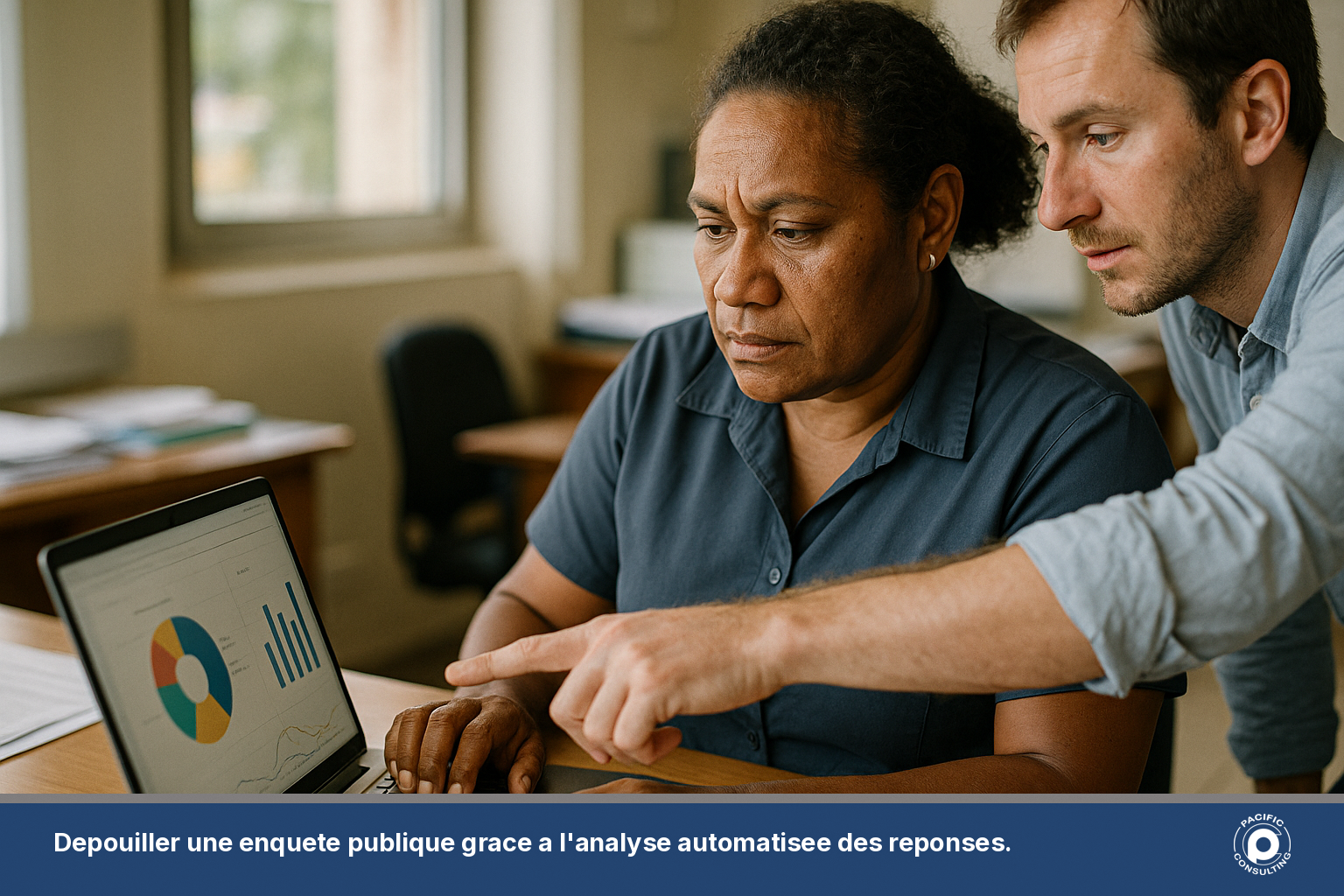 Agent municipal consultant les reponses d'une enquete publique sur un tableau de bord numerique
