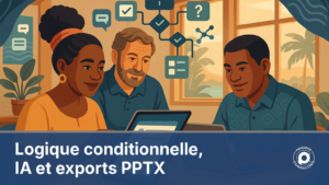 Equipe associative caledonienne construisant un formulaire d'enquete avec logique conditionnelle sur tablette
