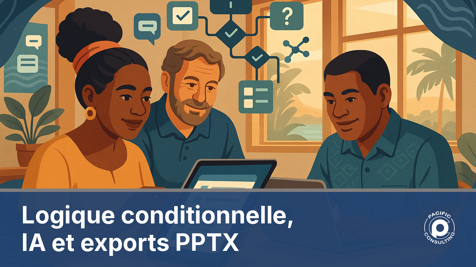 Equipe associative caledonienne construisant un formulaire d'enquete avec logique conditionnelle sur tablette