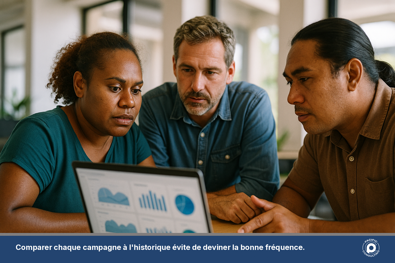Equipe diverse d'une entreprise calédonienne analysant ensemble des statistiques de campagnes SMS sur un ordinateur