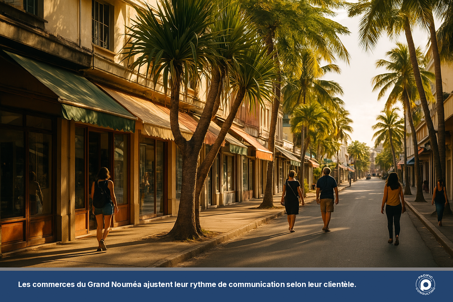 Rue commerçante du centre-ville de Nouméa en fin de journée, vitrines de petits commerces locaux