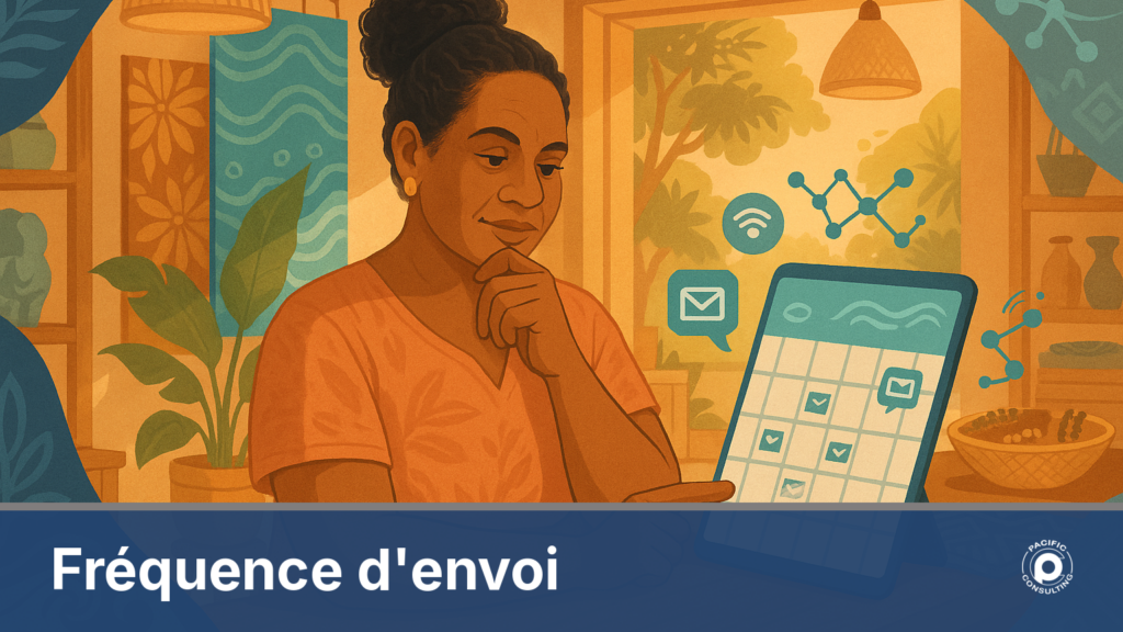 Commerçante calédonienne consultant son calendrier d'envoi de SMS marketing pour ajuster la fréquence des campagnes