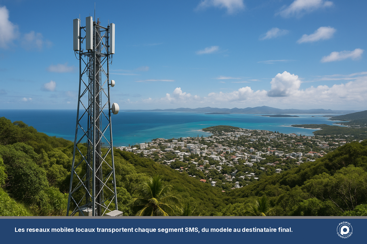 Antenne relais de telephonie mobile dans le Grand Noumea sous ciel tropical