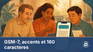 Illustration d'une equipe redigeant un SMS professionnel avec compteur de caracteres et segments affiches