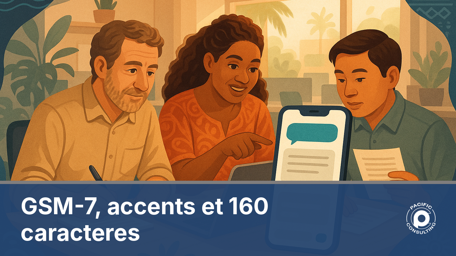 Illustration d'une equipe redigeant un SMS professionnel avec compteur de caracteres et segments affiches