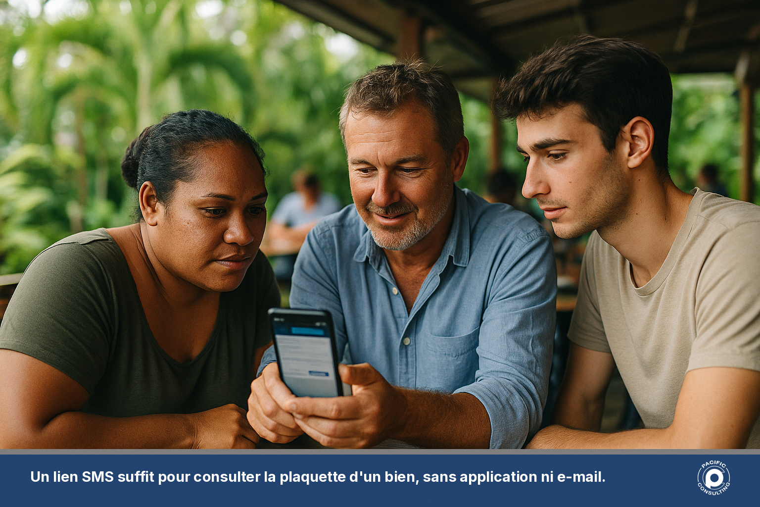 Client recevant un SMS avec un lien vers une plaquette immobilière sur son smartphone à Nouméa
