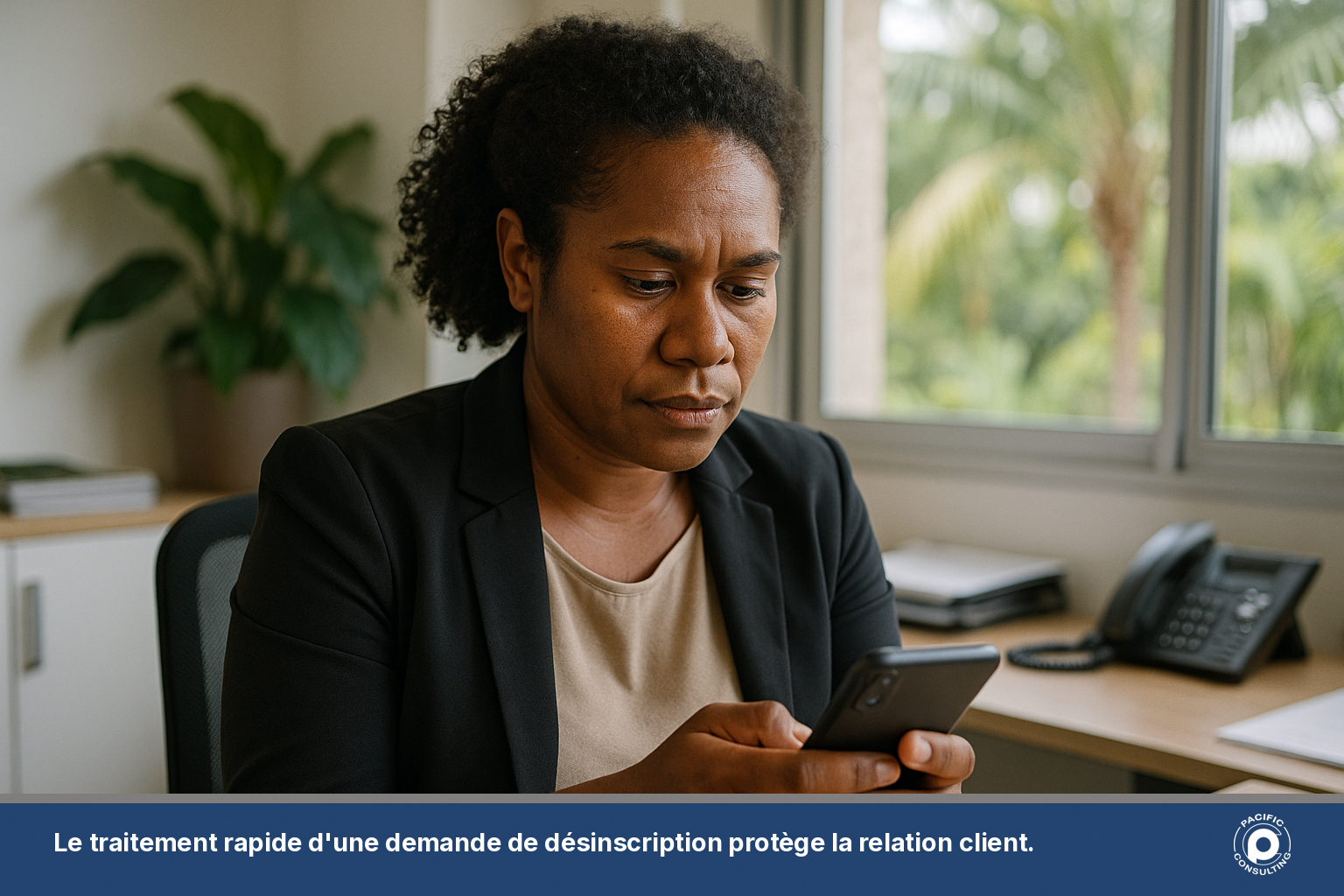 Employe d'une entreprise caledonienne verifiant une reponse STOP sur son telephone professionnel