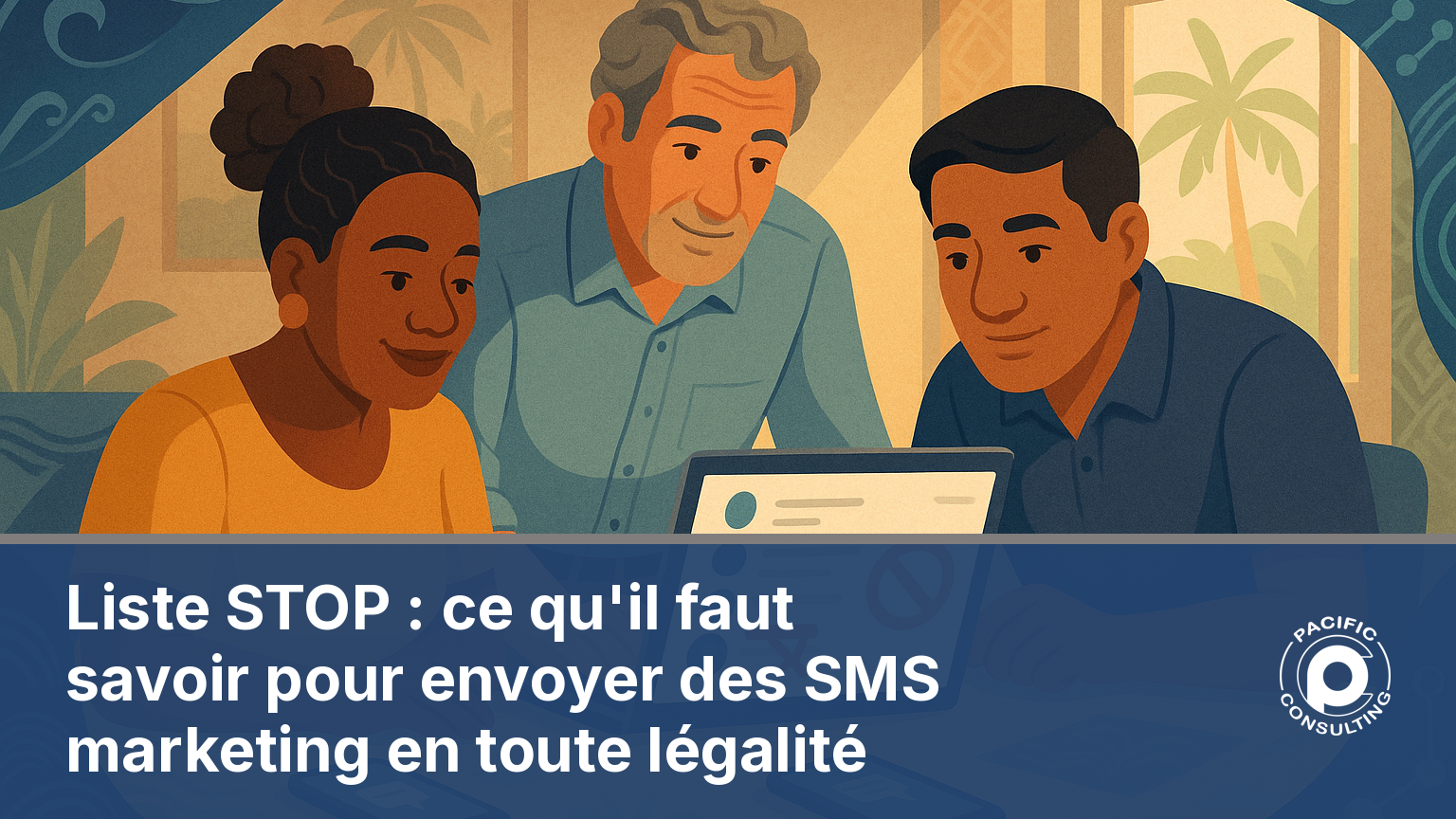 Illustration d'une equipe caledonienne gerant une liste STOP pour ses campagnes SMS marketing