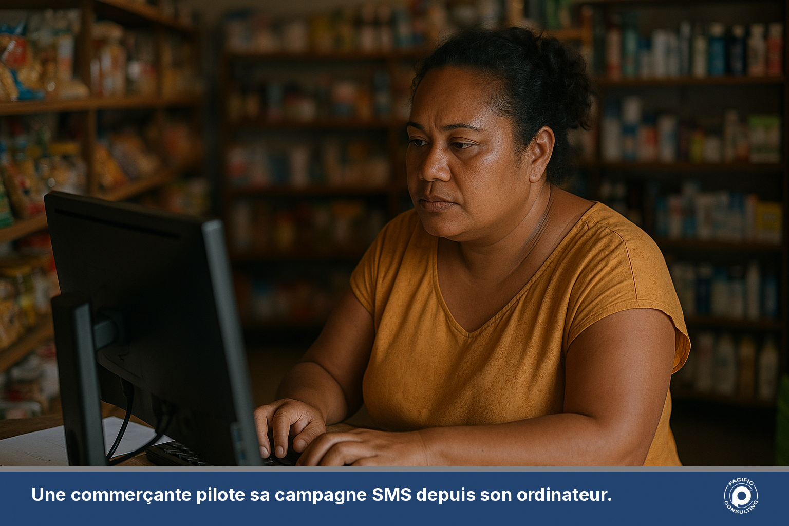 Commerçante calédonienne envoyant une campagne SMS depuis l'ordinateur de sa boutique
