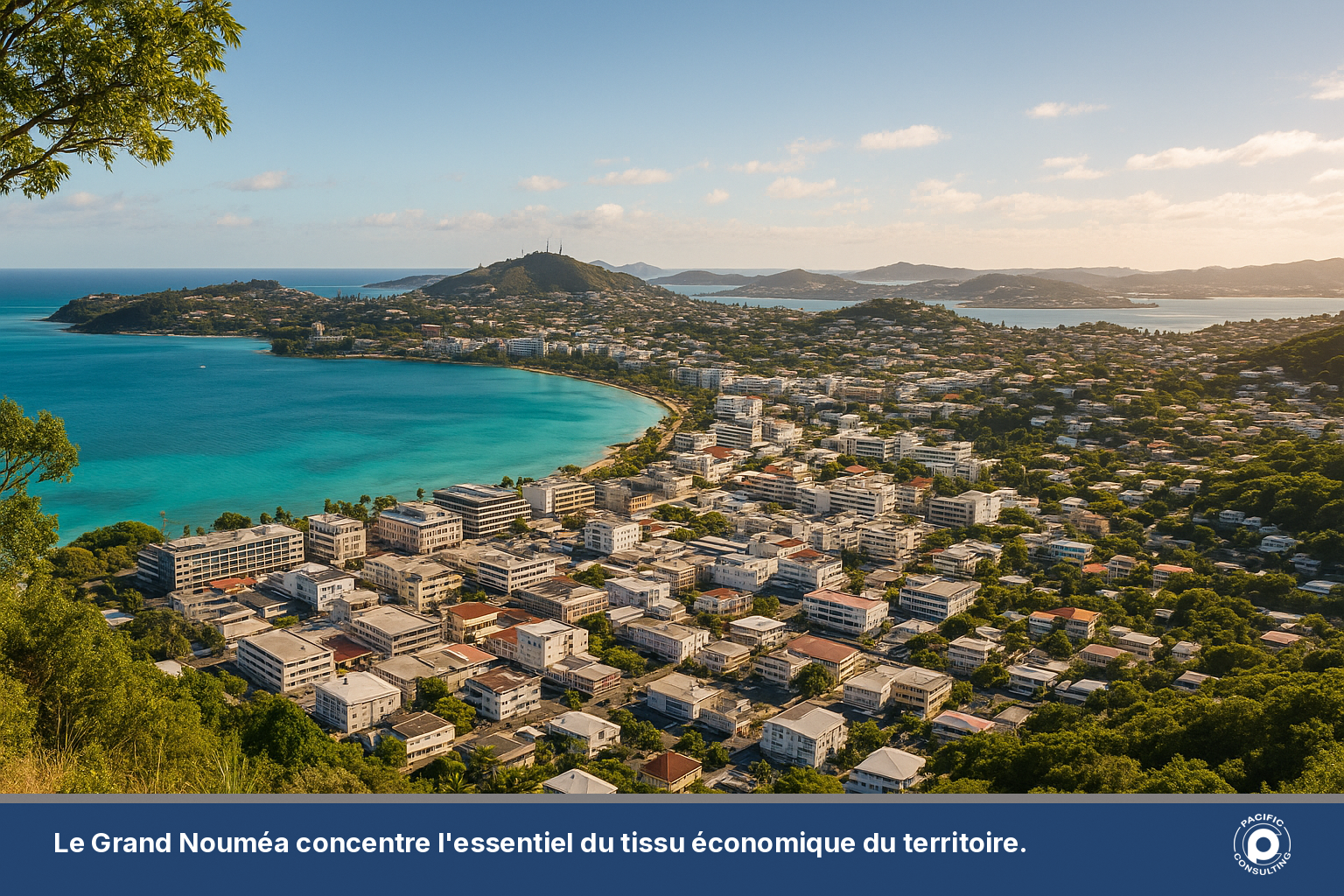 Vue du centre-ville de Nouméa et du Grand Nouméa, zone économique de Nouvelle-Calédonie