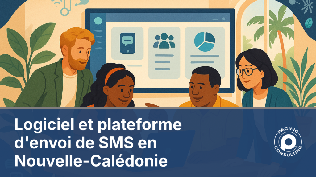 Illustration éditoriale d'une plateforme SMS en Nouvelle-Calédonie utilisée dans un bureau calédonien