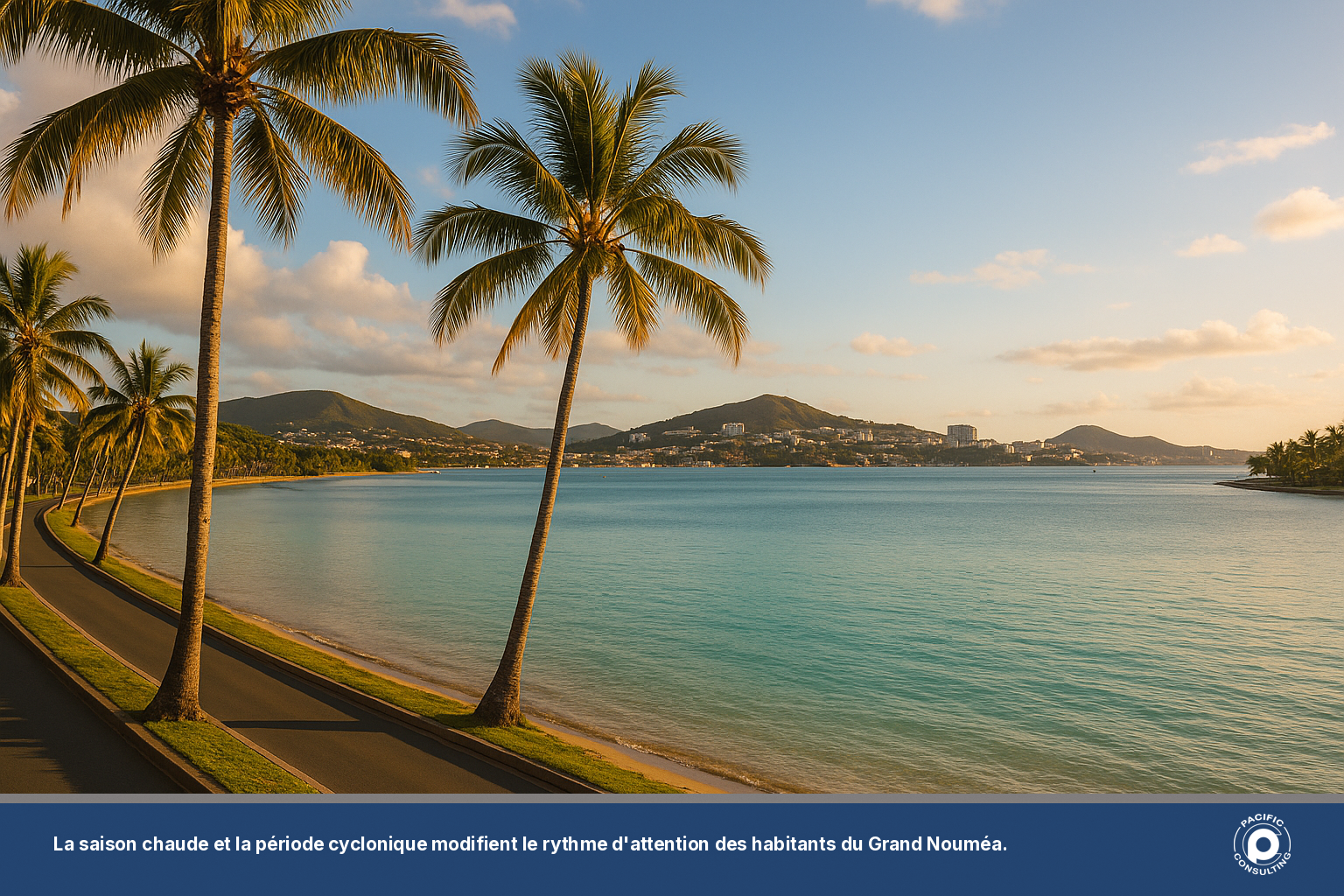 Photo paysage de la baie de Nouméa en fin d'après-midi sous ciel de saison chaude