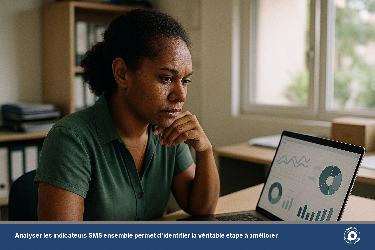 Responsable marketing calédonien consultant les statistiques de clics et conversions d'une campagne SMS sur ordinateur portable