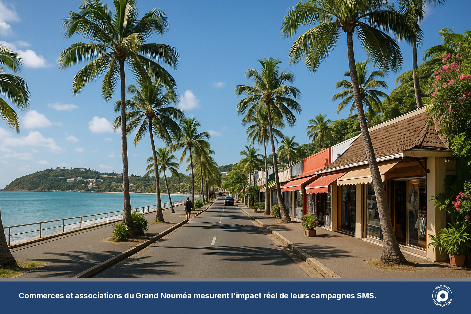Vue du front de mer de Nouméa avec commerces locaux représentant les entreprises utilisatrices de campagnes SMS