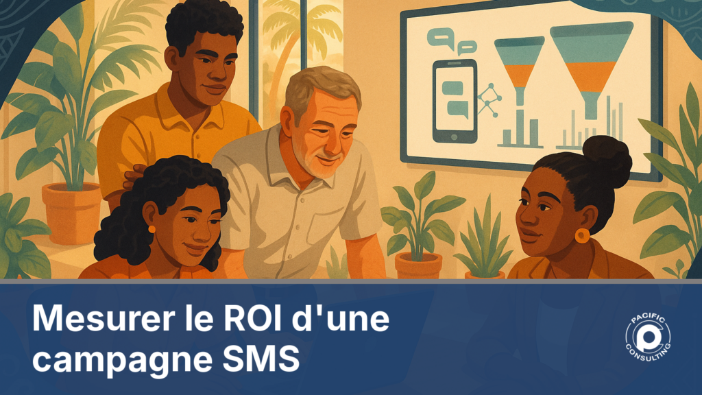 Equipe calédonienne diverse analysant les indicateurs pour mesurer le ROI d'une campagne SMS marketing sur un tableau de bord