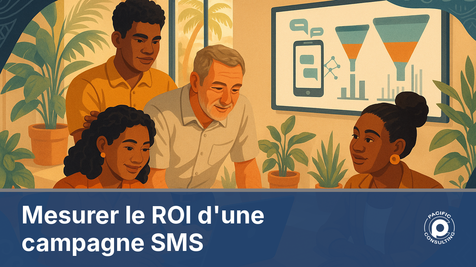 Equipe calédonienne diverse analysant les indicateurs pour mesurer le ROI d'une campagne SMS marketing sur un tableau de bord
