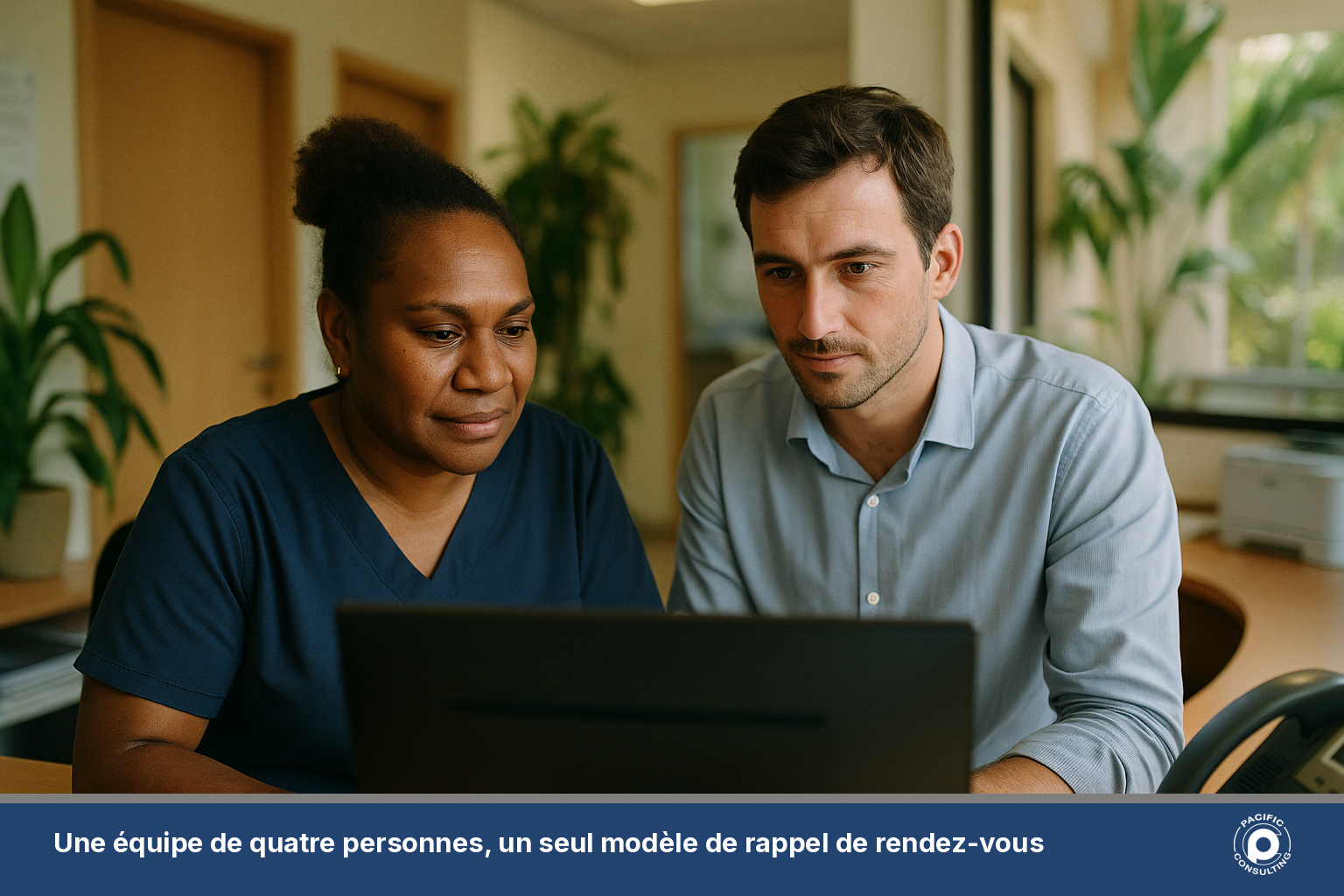 Équipe d'accueil d'un cabinet à Nouméa envoyant un rappel de rendez-vous par SMS avec un modèle standardisé