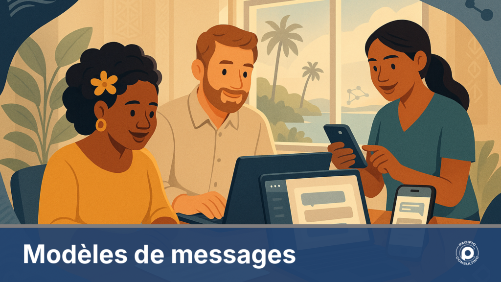Illustration d'une équipe calédonienne utilisant un modèle message SMS professionnel sur ordinateur et mobile