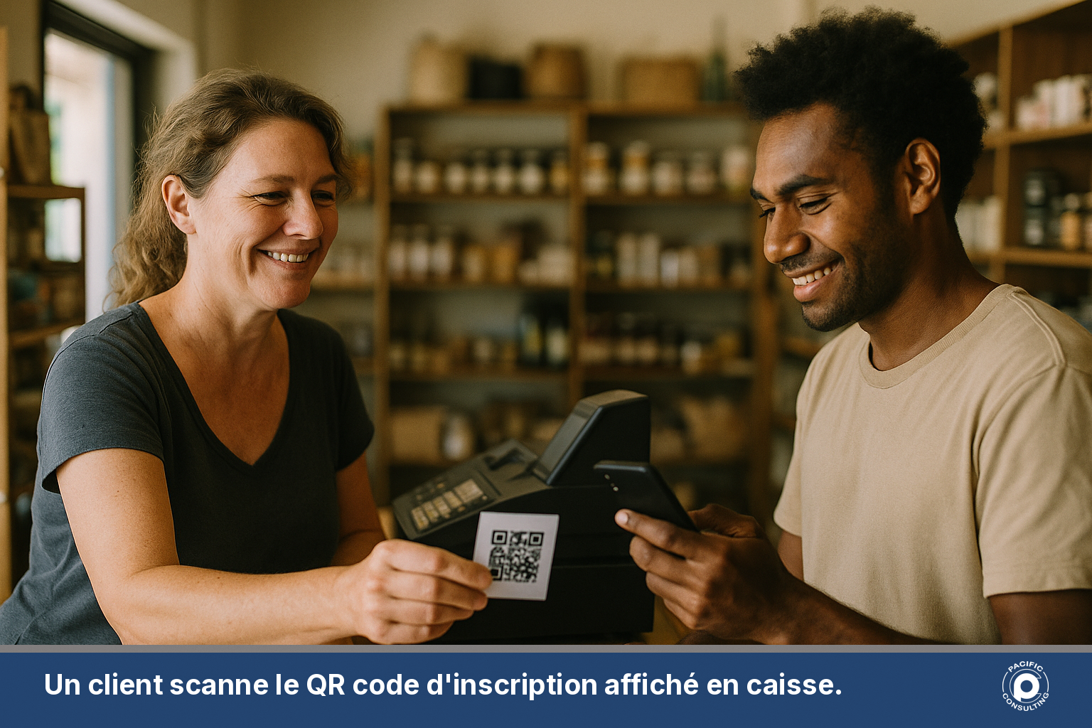 Client scannant un QR code d'inscription SMS affiché en caisse d'un commerce à Nouméa