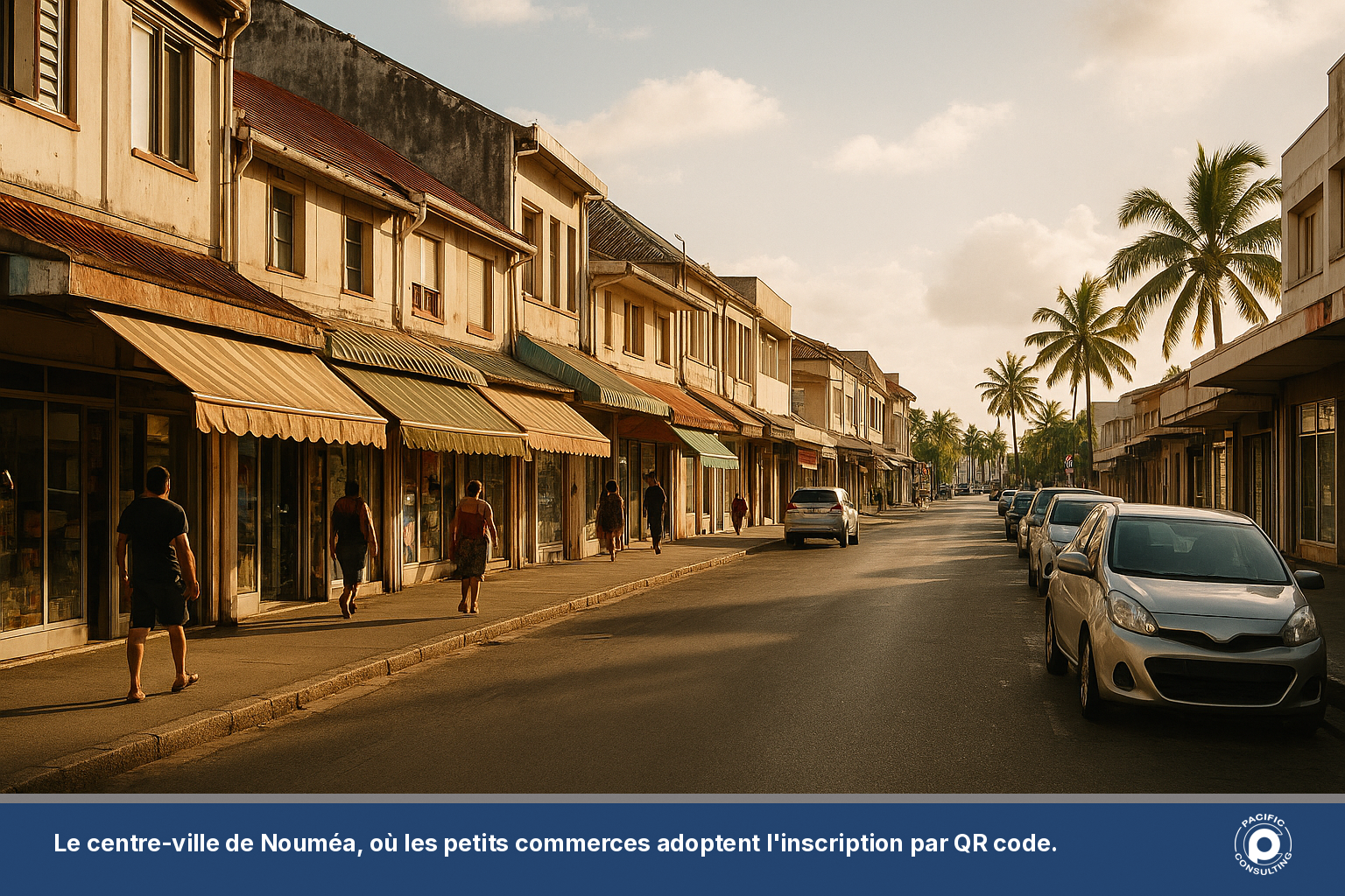 Rue commerçante du centre-ville de Nouméa en fin de journée, vitrines de petits commerces locaux