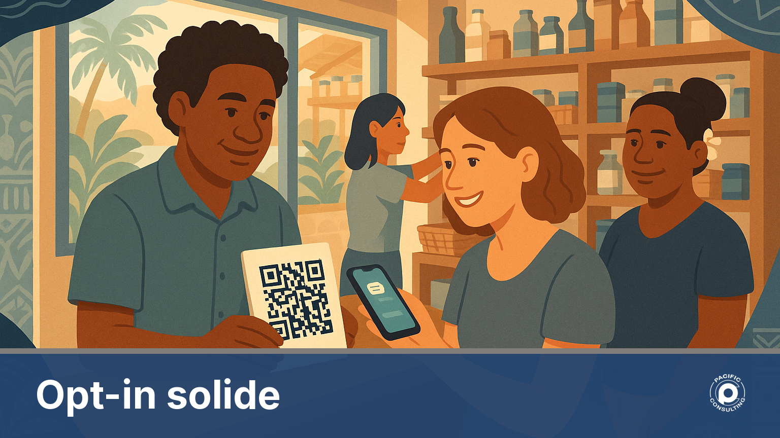 Illustration d'un commerce en Nouvelle-Calédonie où un client scanne un QR code pour s'inscrire aux SMS marketing en toute transparence