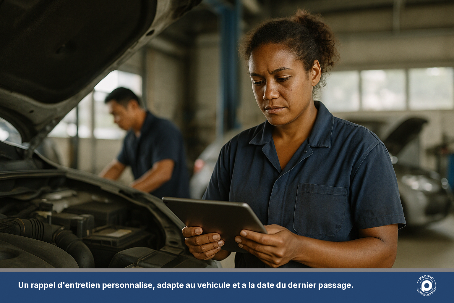 Employe de garage automobile consultant une fiche client sur tablette avant d'envoyer un rappel d'entretien personnalise