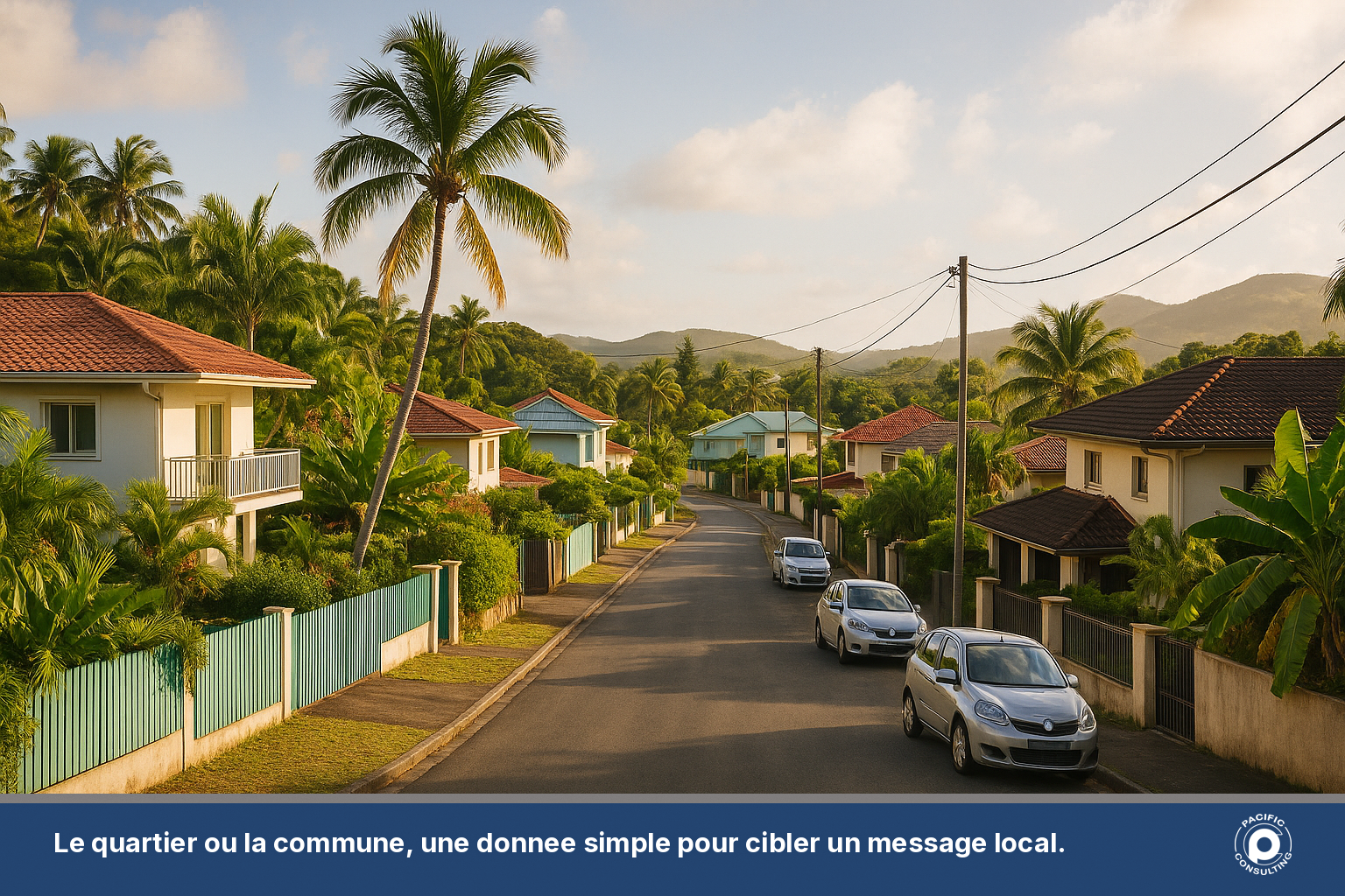 Vue d'un quartier residentiel du Grand Noumea avec vehicules stationnes devant les maisons
