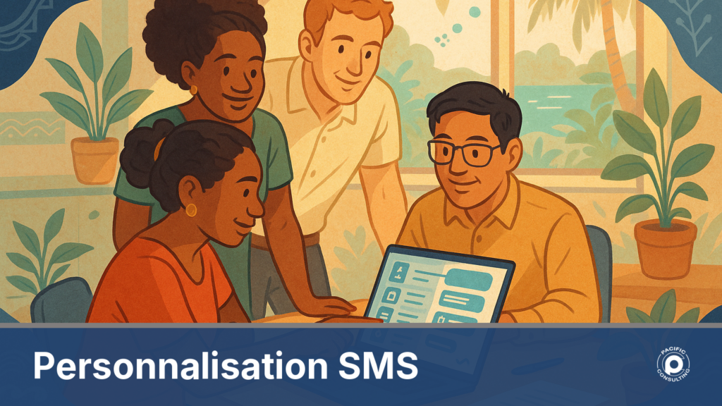 Illustration d'une equipe multiculturelle preparant des SMS personnalises pour leurs clients en Nouvelle-Caledonie