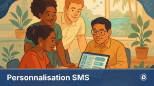 Illustration d'une equipe multiculturelle preparant des SMS personnalises pour leurs clients en Nouvelle-Caledonie
