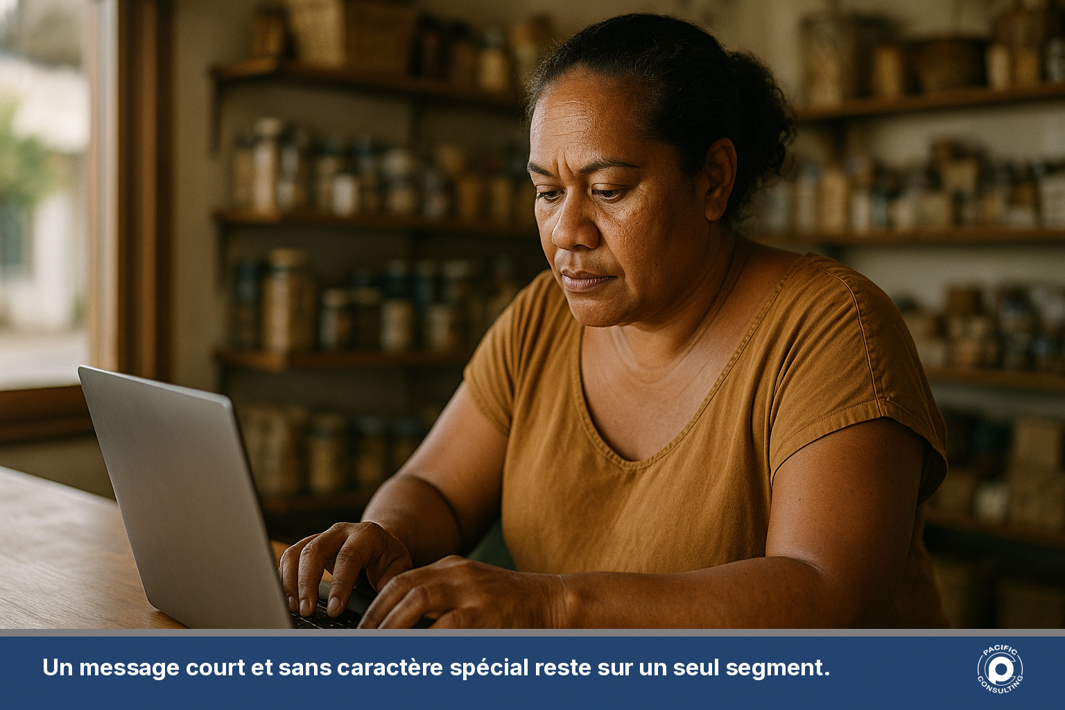 Gérante d'un commerce calédonien composant un SMS professionnel court sur son ordinateur