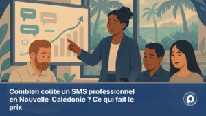 Illustration d'une équipe calédonienne analysant le prix d'un SMS professionnel en Nouvelle-Calédonie