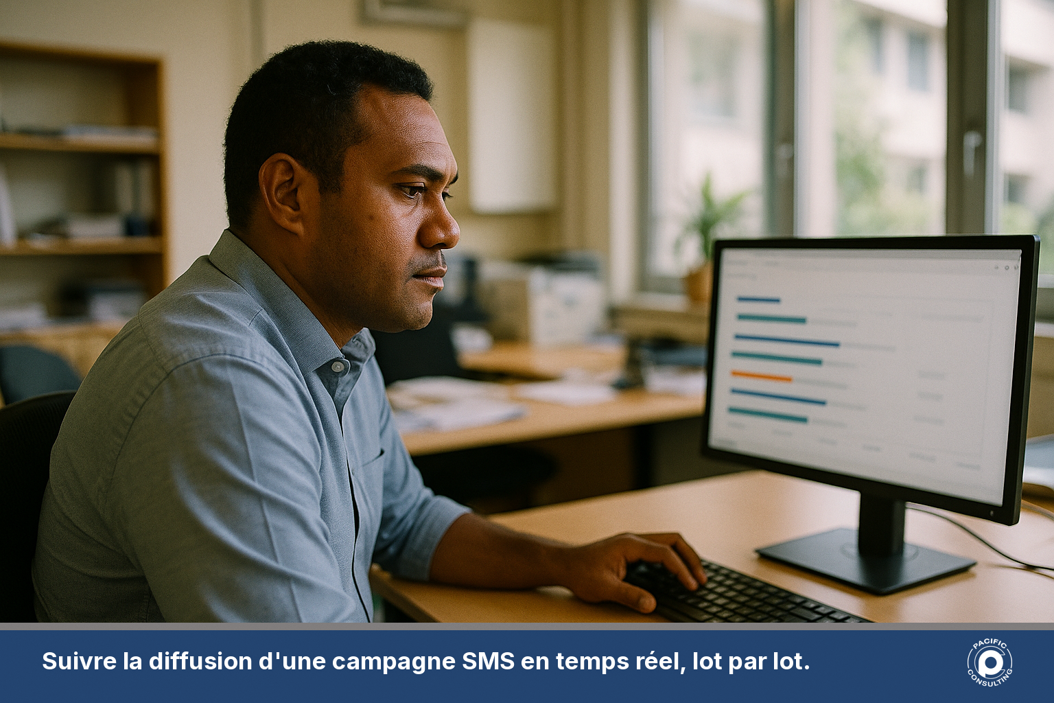 Employe d'une collectivite neo-caledonienne consultant un tableau de bord d'envoi de SMS etale