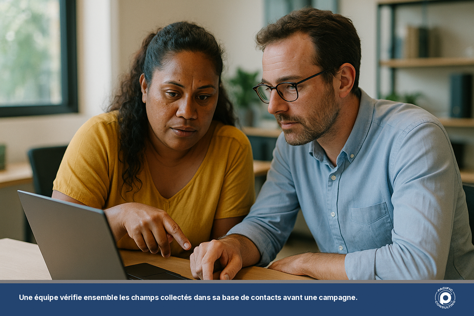 Employés d'une entreprise calédonienne vérifiant ensemble les champs de leur base de contacts SMS avant une campagne