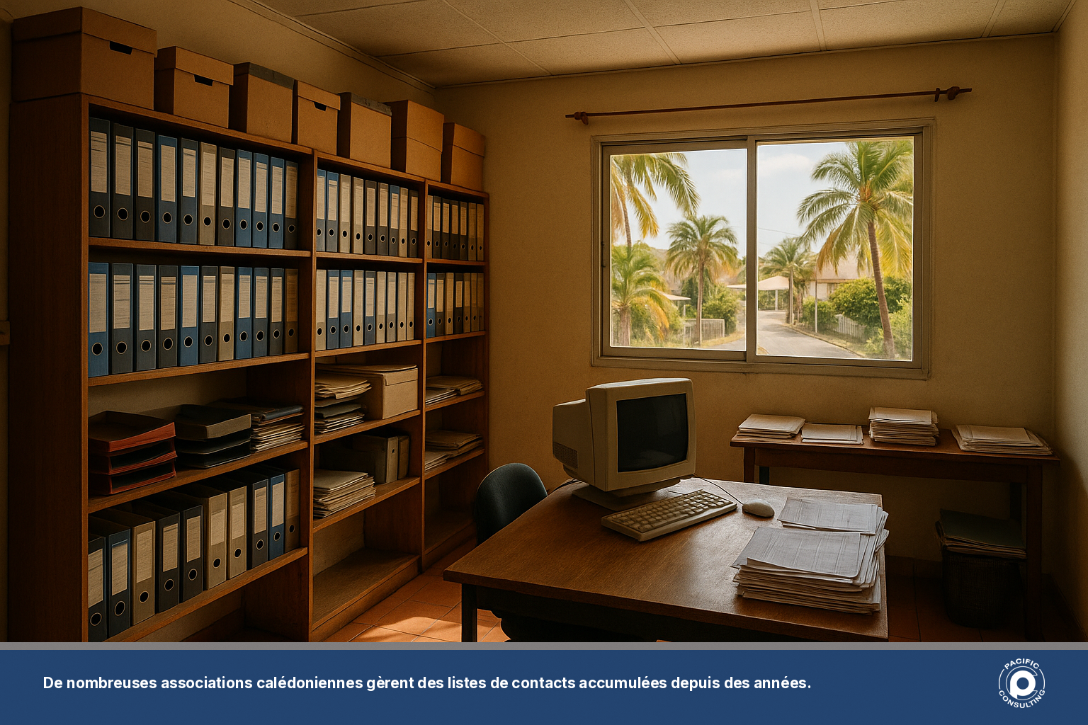 Bureau associatif à Nouméa en Nouvelle-Calédonie évoquant la gestion d'archives et de contacts d'une association locale