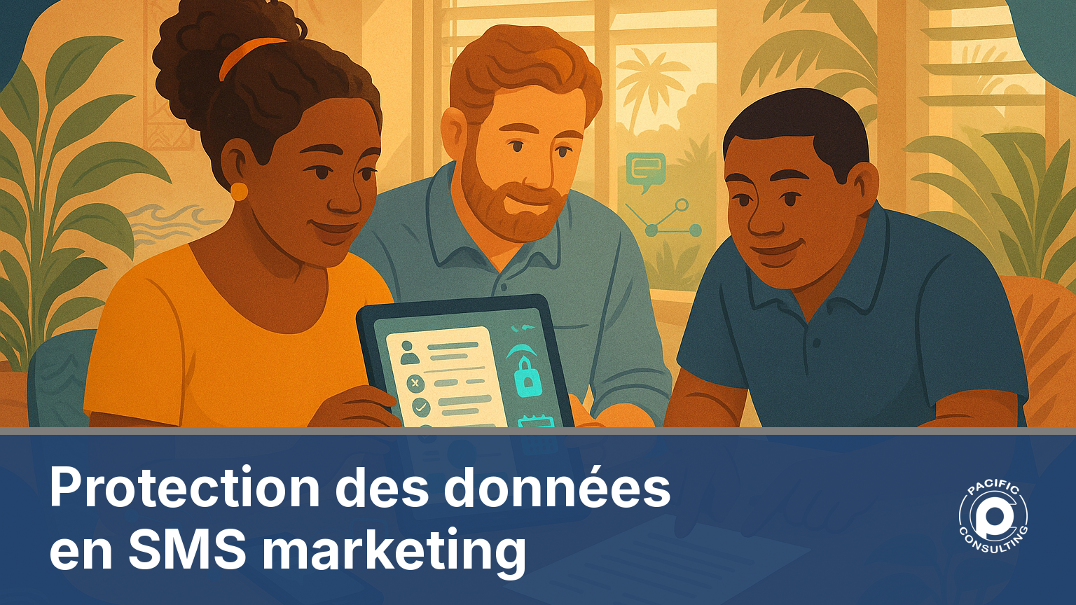 Illustration d'une équipe organisant la protection des données personnelles pour une campagne SMS marketing en Nouvelle-Calédonie