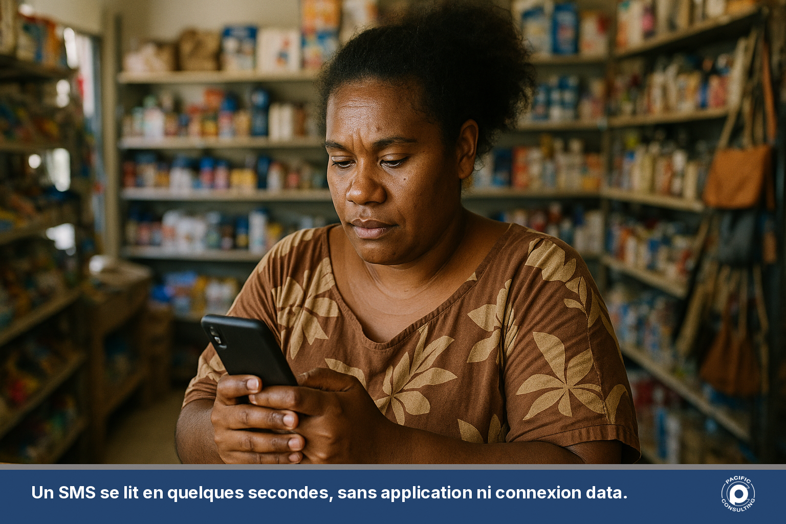 Commerçante calédonienne consultant son téléphone portable pour lire un SMS professionnel dans sa boutique