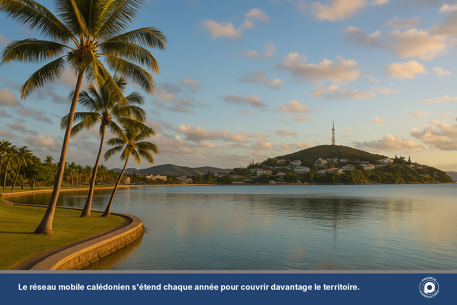 Vue du front de mer de Nouméa avec une antenne de télécommunication en arrière-plan symbolisant la couverture réseau mobile