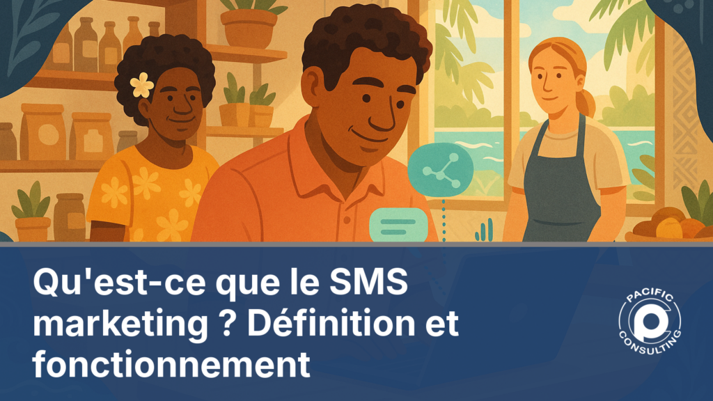 Illustration d'une petite entreprise calédonienne envoyant un SMS marketing à ses clients depuis un ordinateur