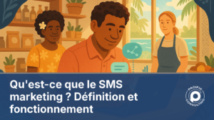 Illustration d'une petite entreprise calédonienne envoyant un SMS marketing à ses clients depuis un ordinateur